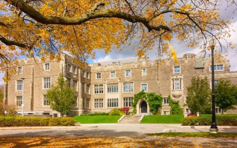 Modern university campus with students studying abroad through Quest For Success guidance.