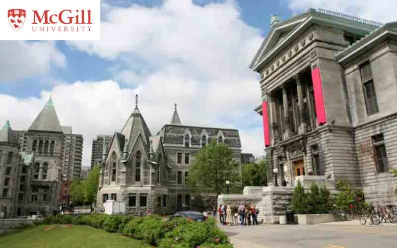 Toronto skyline with university buildings and students walking