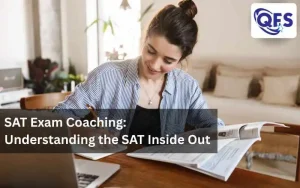 A student preparing for the SAT Exam with books, notes, & practice papers on a study desk.