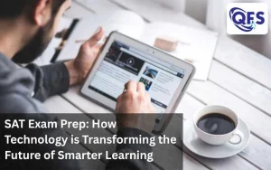 Person reviewing SAT exam material on a tablet with coffee next to them