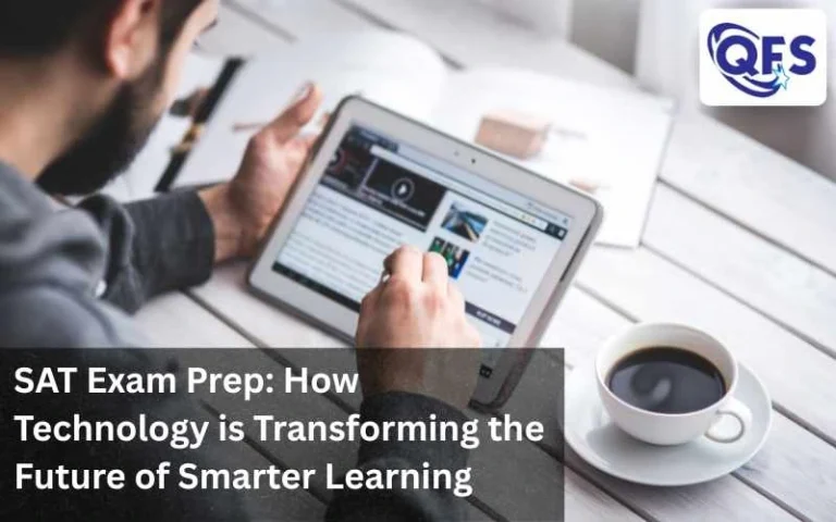 Person reviewing SAT exam material on a tablet with coffee next to them