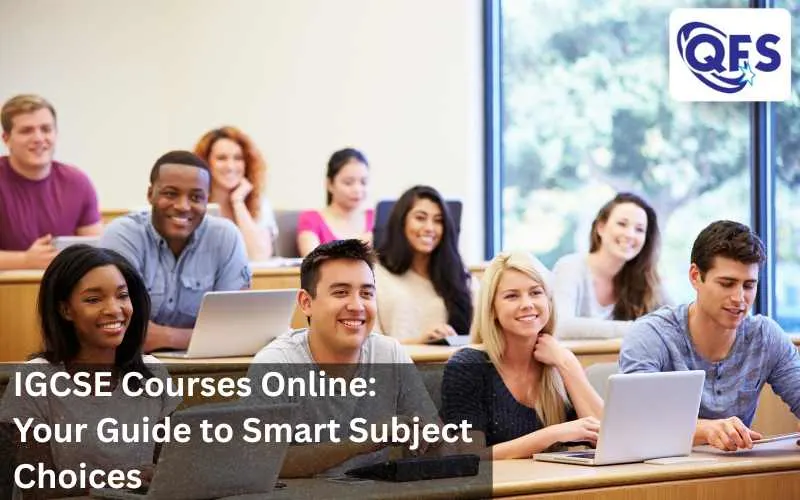 Students attending an online IGCSE course with digital study tools.