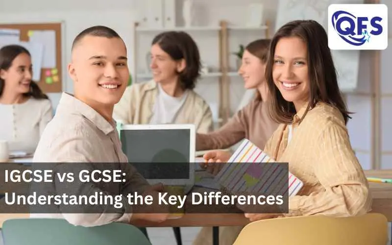 Students comparing IGCSE and GCSE textbooks at a study table.