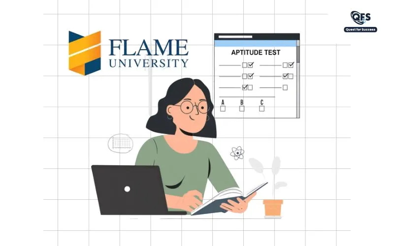 FLAME University aptitude test illustration showing a student studying with a laptop and books.