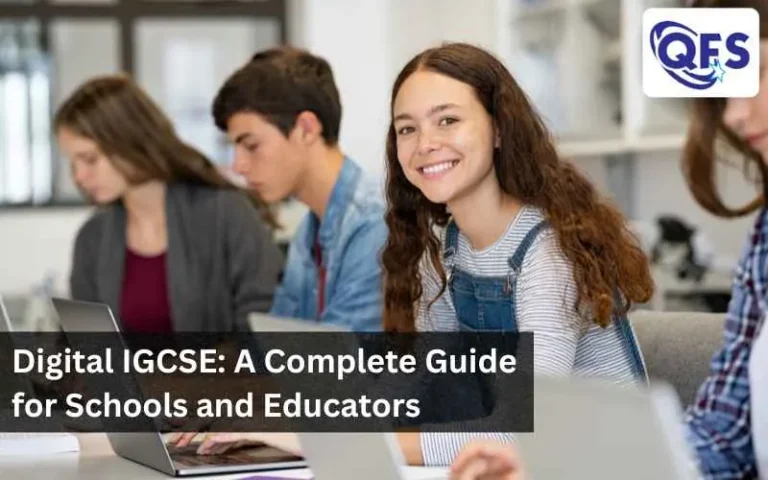 Students completing a Digital IGCSE exam on laptops in a modern classroom