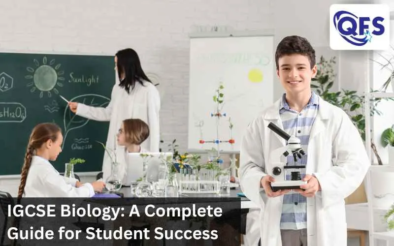 Students learning IGCSE Biology with diagrams, notes and lab tools.