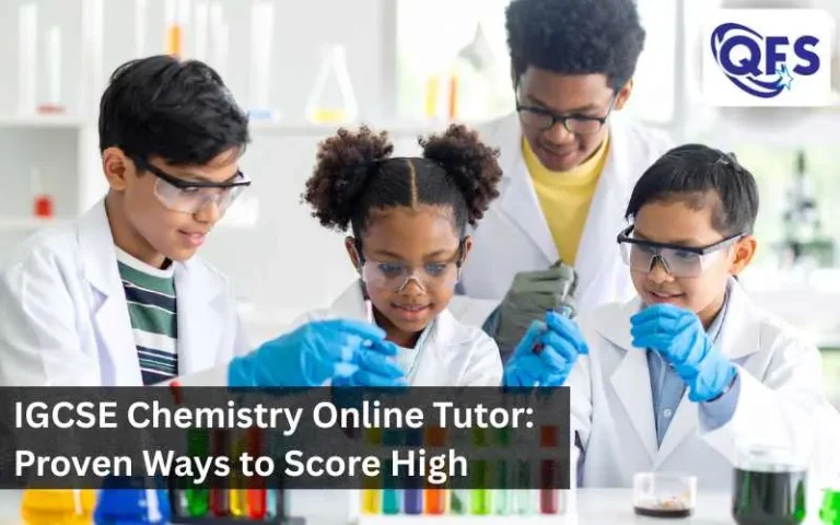 Student reviewing IGCSE Chemistry notes with online tutor guidance