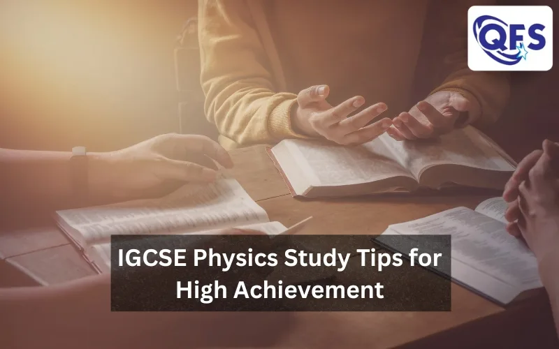 Student reviewing notes and practising IGCSE Physics problems.