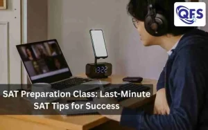 Student studying for the SAT exam using notes and digital tools