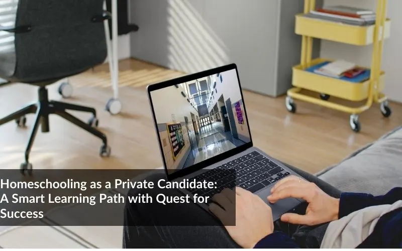 Private candidate studying at home with books and laptop