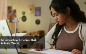 Parent creating a homeschool schedule at home with child studying at desk – give your keyphrase planning guide