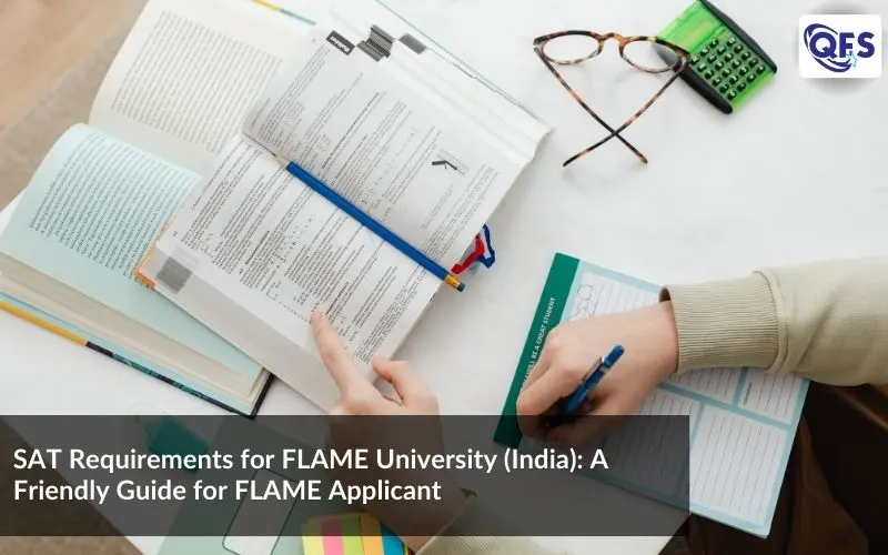 Student preparing for SAT exam on a laptop with notes at a study desk for FLAME applicants