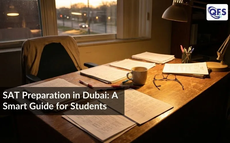 Study desk with notes for SAT preparation in Dubai