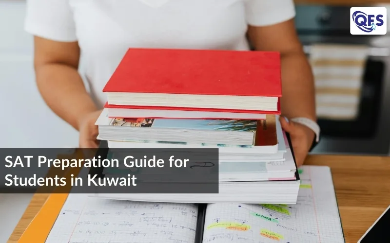 Student holding books for SAT preparation in Kuwait
