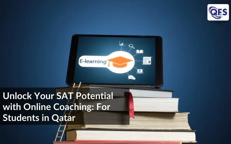 Tablet on books showing e-learning for SAT training in Qatar