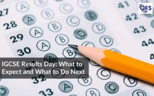Students preparing for IGCSE results day with exam answer sheet and pencil