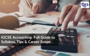 IGCSE Accounting student using a calculator and reviewing financial charts and notes