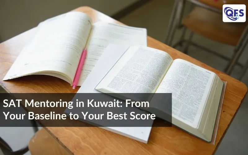 Open study books on a classroom desk representing SAT mentoring in Kuwait