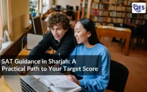 Students receiving SAT guidance in Sharjah while studying together in a library setting