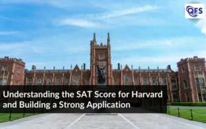 Harvard SAT score guide featuring a university campus and admissions tips